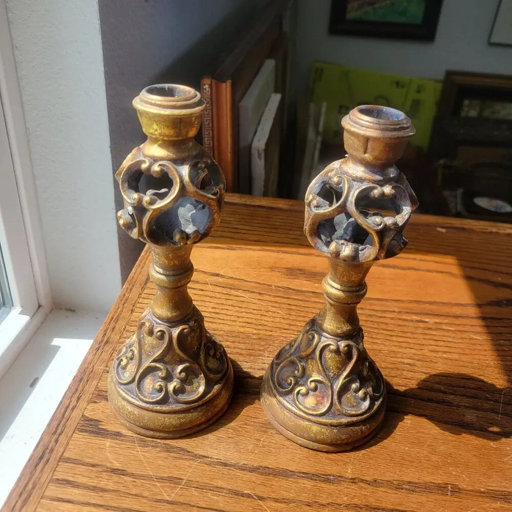 Ornate Candle Scroll Holder Gold Tone  Beige Resin 8 Inches Tall Par Lot Of 2 VG